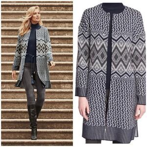 St. John Hematite/Frost Diamond-Knit Wool-Blend Crewneck Full Zip Topper XL